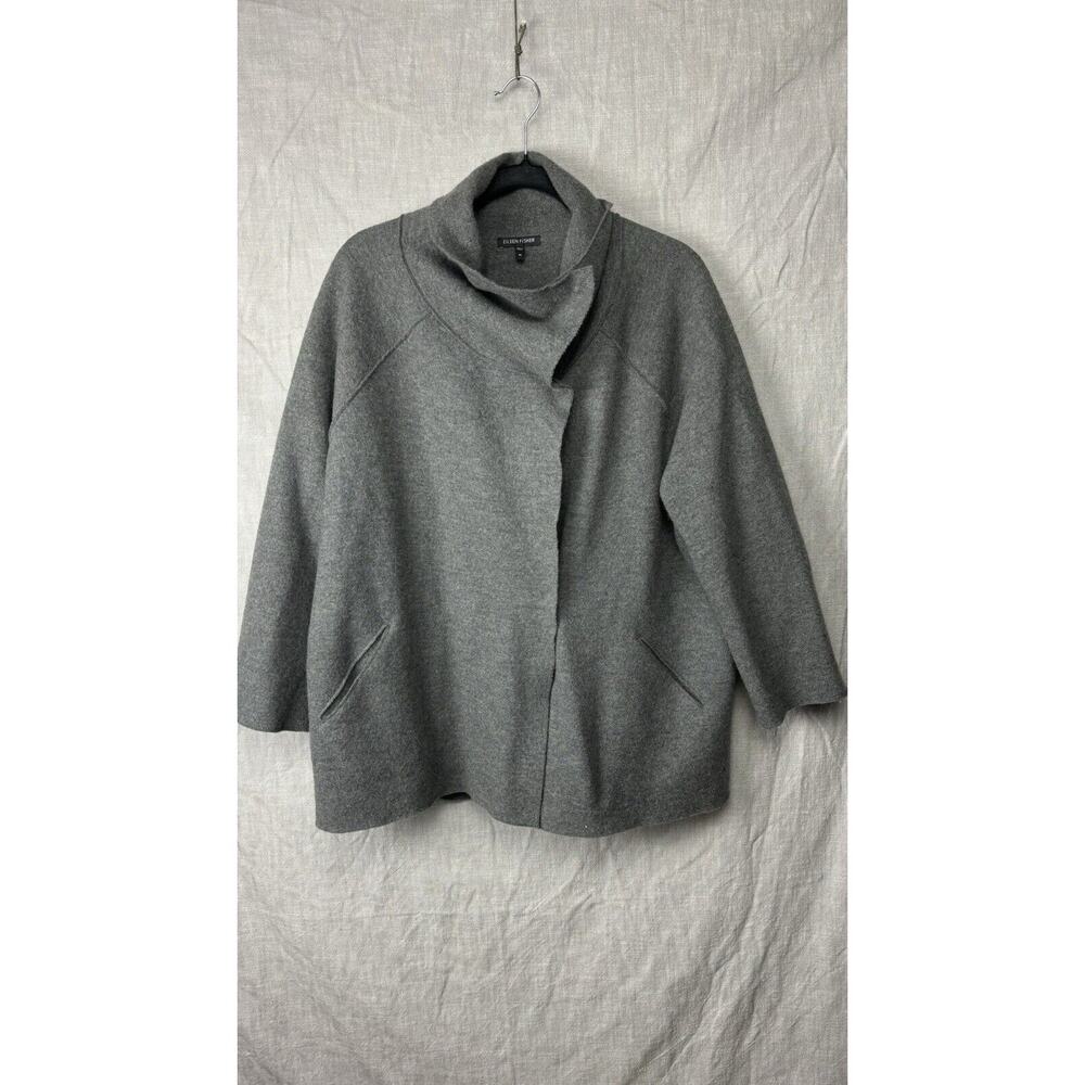 Eileen Fisher Wool Jacket Medium Grey Cowl Button Up Pockets Oversize
